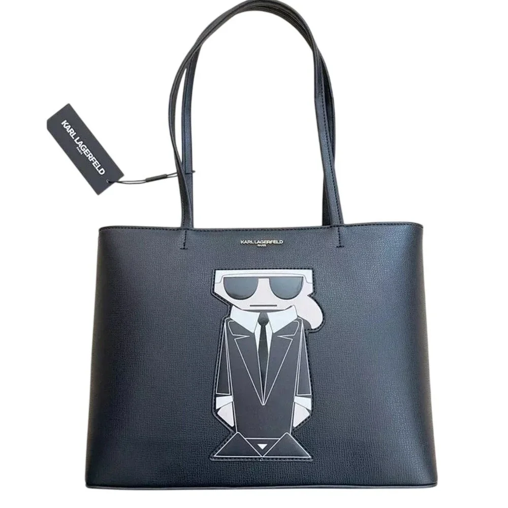 Karl Lagerfeld‎ Paris Tote Bag Black Leather Iconic Karlito Charm Coin Purse